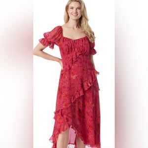 Chiffon Floral Ruffle Dress in Red and Pink